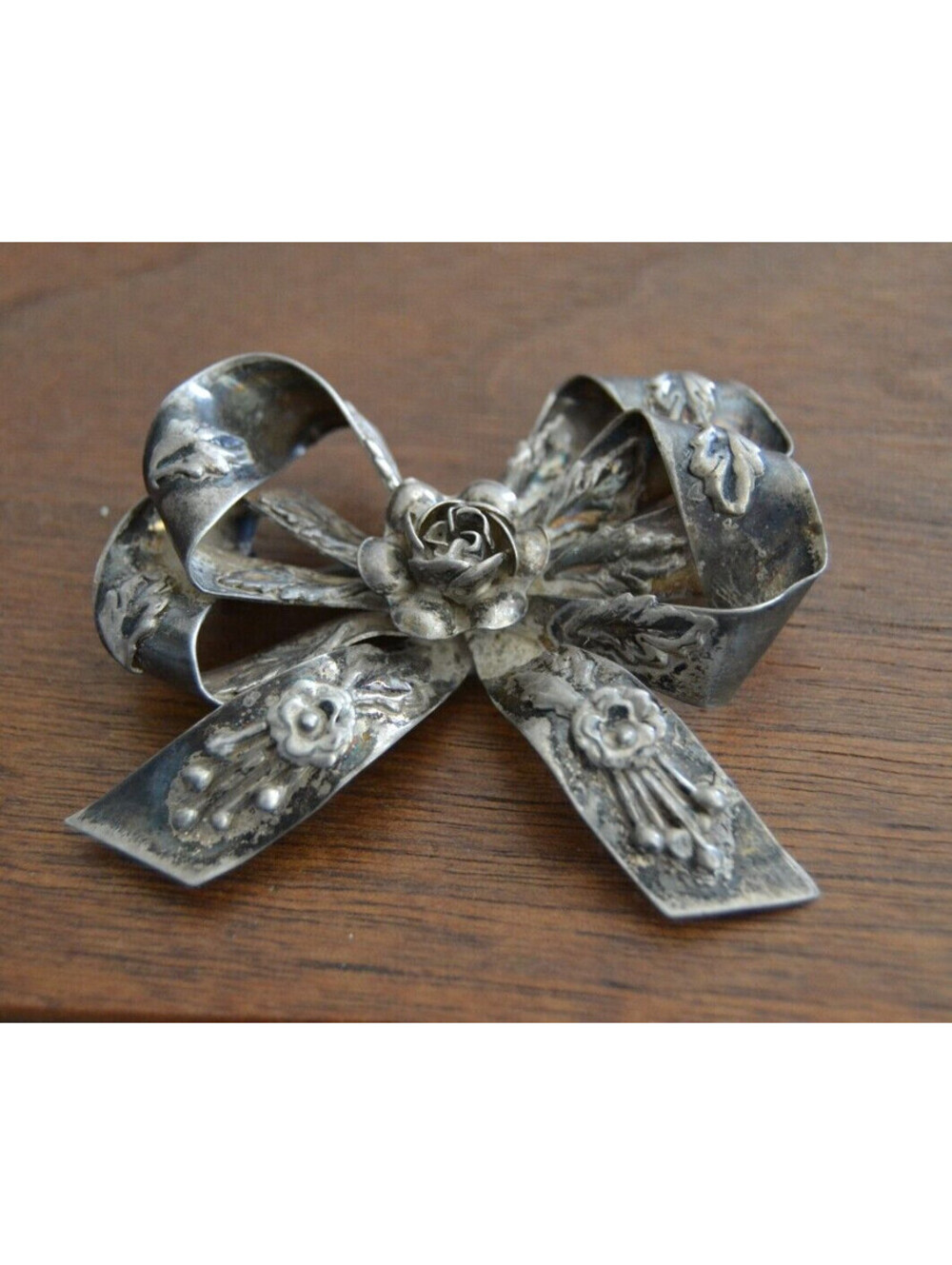 Vintage Hobe Sterling Silver Floral Bow Brooch Signed Patina